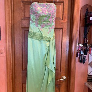 Strapless B'Dazzle Prom Dress in Green with Pink Embroidered Flowers